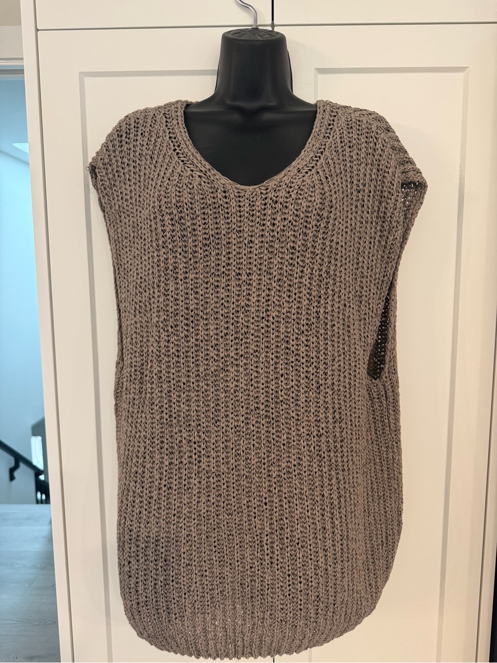 Zara Taupe Open-Knit V-Neck Sleeveless Sweater